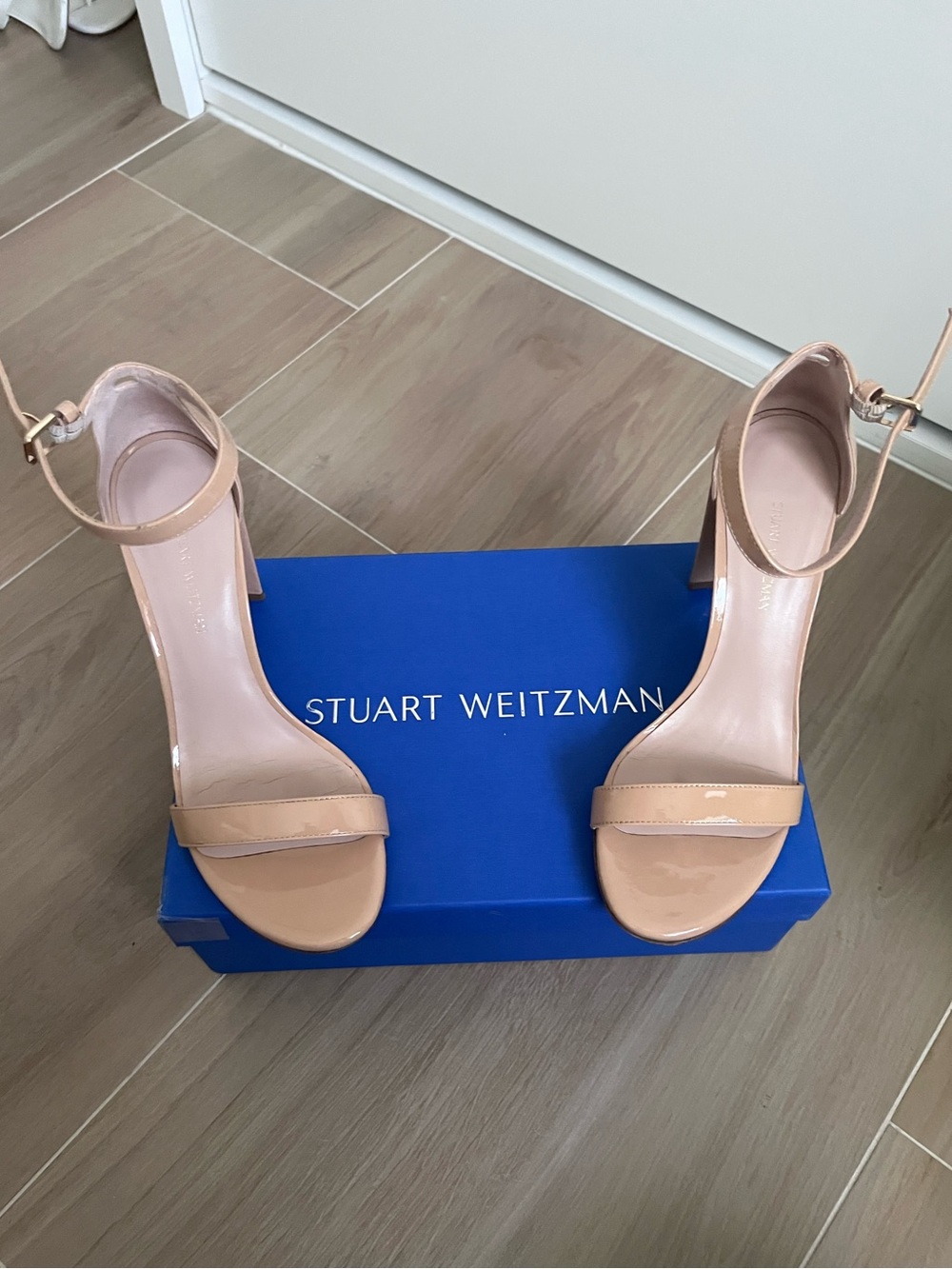Stuart Weitzman Patent Leather Ankle-Strap Heels in Nude